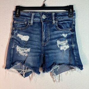 American Eagle Womens‎ Blue Hi-Rise Shortie Next Level Stretch Distressed Size 0